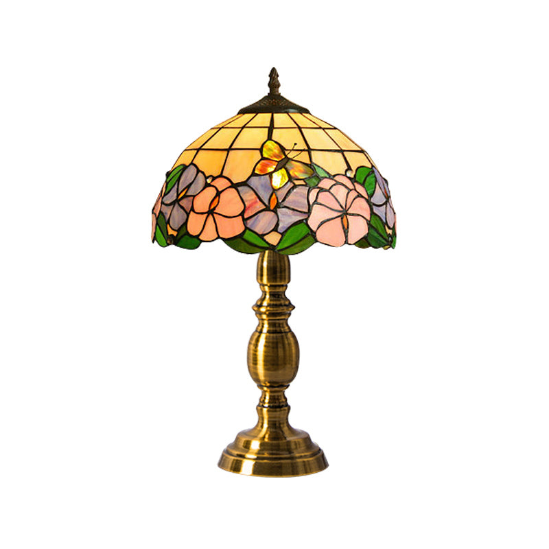 Vintage Dome Table Lamp Single-Bulb Handcrafted Glass Nightstand Lighting with Floral Pattern