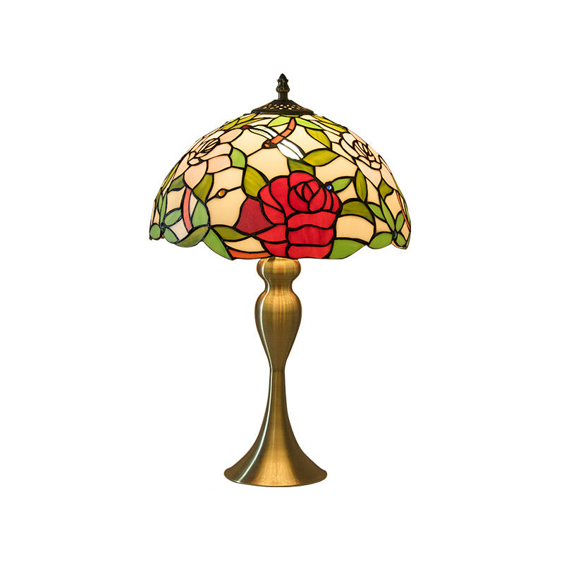 Vintage Dome Table Lamp Single-Bulb Handcrafted Glass Nightstand Lighting with Floral Pattern