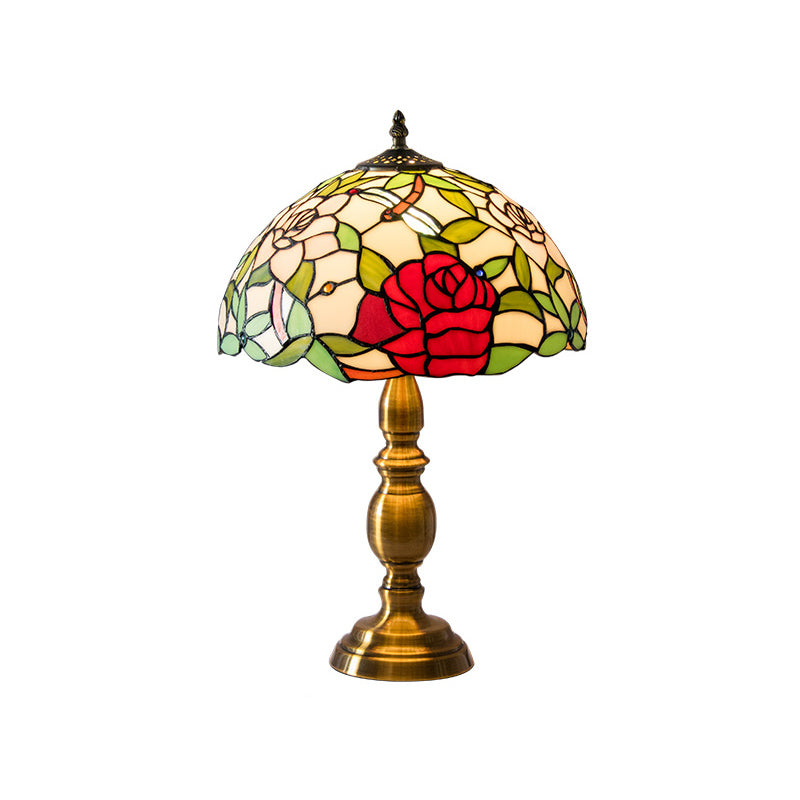 Vintage Dome Table Lamp Single-Bulb Handcrafted Glass Nightstand Lighting with Floral Pattern