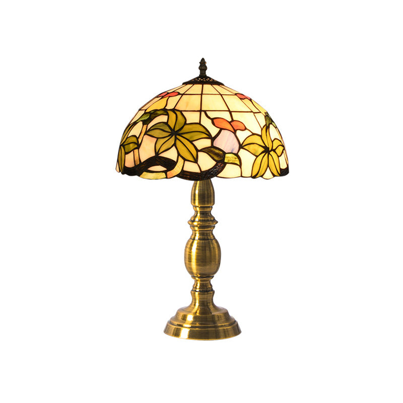 Vintage Dome Table Lamp Single-Bulb Handcrafted Glass Nightstand Lighting with Floral Pattern