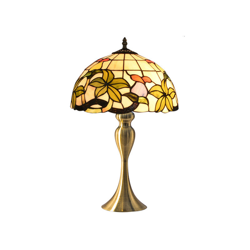 Vintage Dome Table Lamp Single-Bulb Handcrafted Glass Nightstand Lighting with Floral Pattern