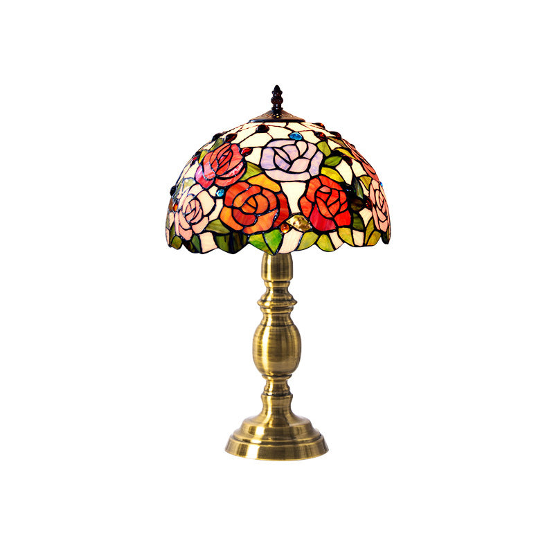 Vintage Dome Table Lamp Single-Bulb Handcrafted Glass Nightstand Lighting with Floral Pattern