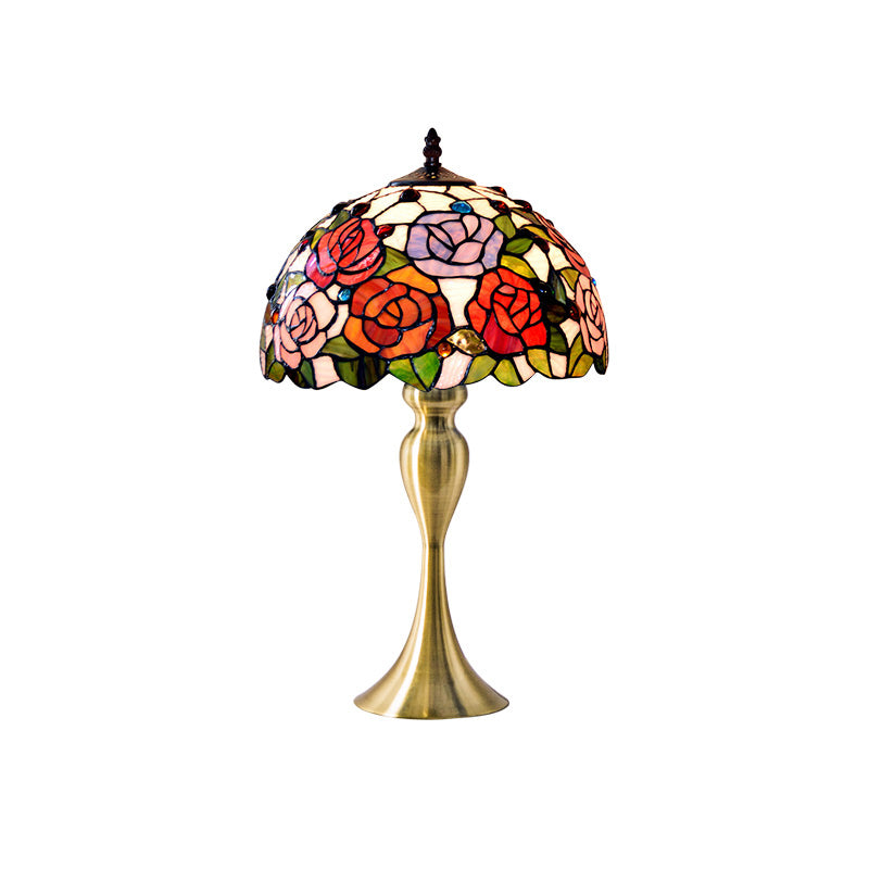 Vintage Dome Table Lamp Single-Bulb Handcrafted Glass Nightstand Lighting with Floral Pattern