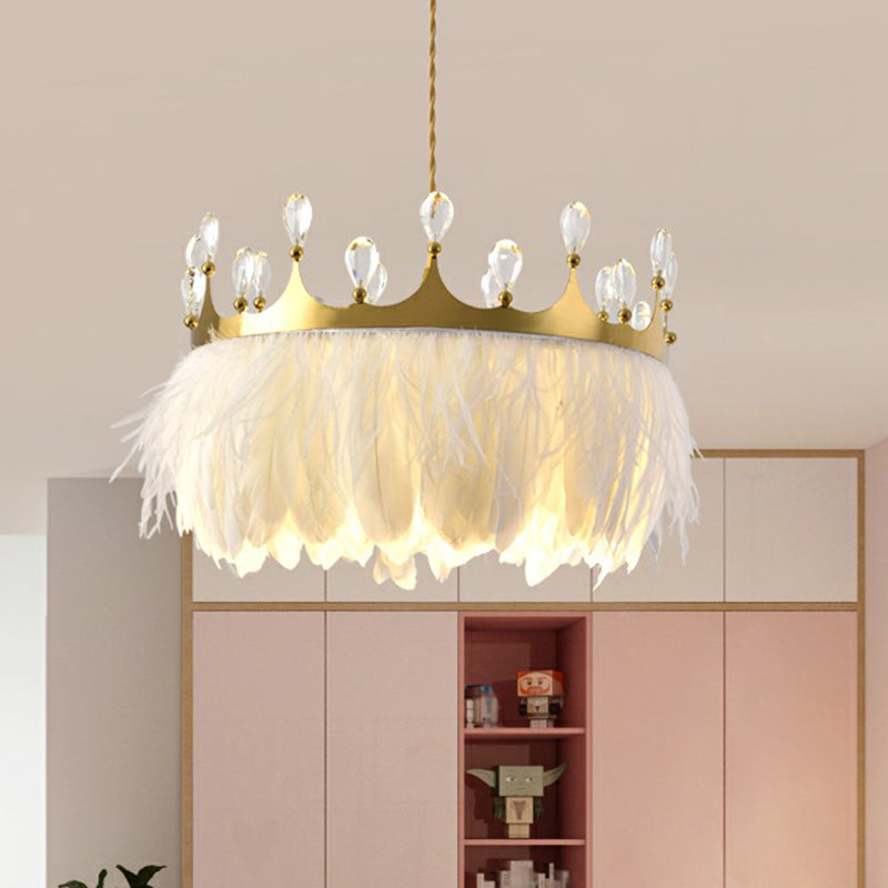 Gold Crown Pendant Light Modern Single Metallic Suspension Light Fixture with Crystal and Feather Decor