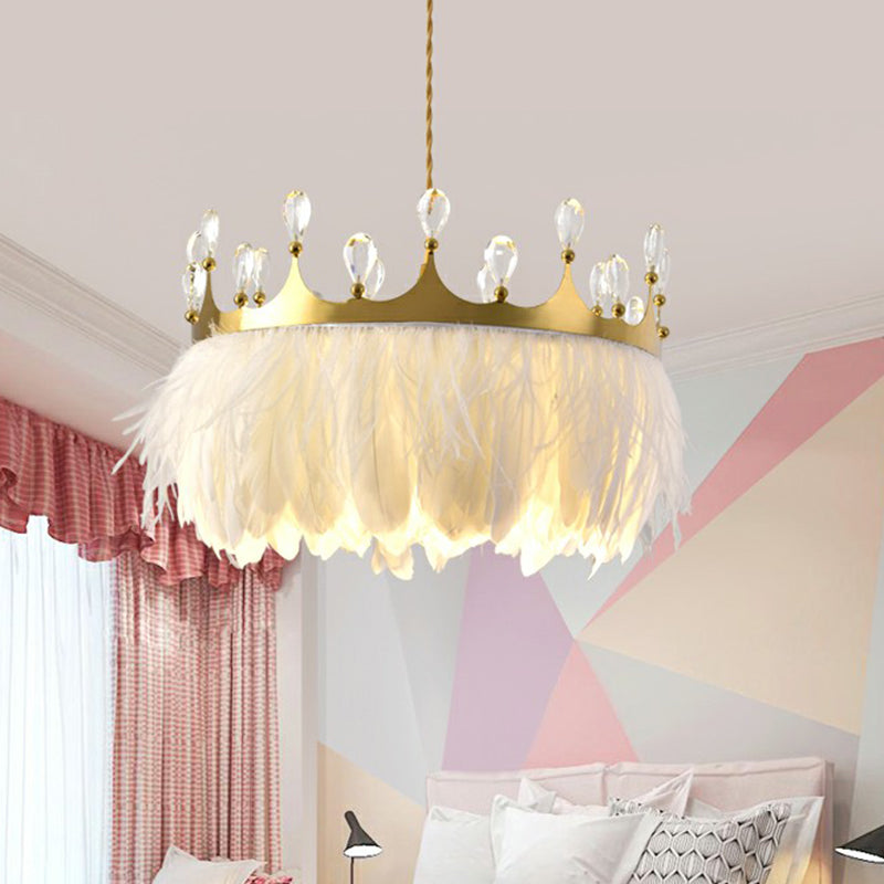 Gold Crown Pendant Light Modern Single Metallic Suspension Light Fixture with Crystal and Feather Decor