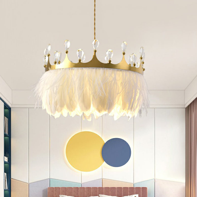 Gold Crown Pendant Light Modern Single Metallic Suspension Light Fixture with Crystal and Feather Decor