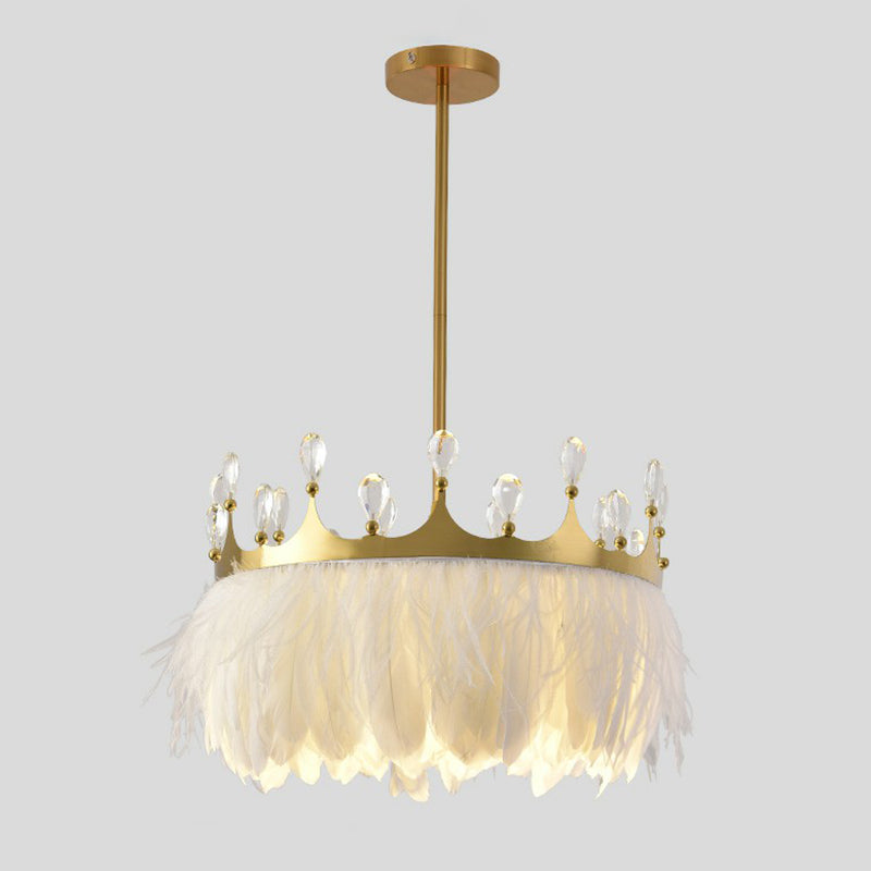 Gold Crown Pendant Light Modern Single Metallic Suspension Light Fixture with Crystal and Feather Decor