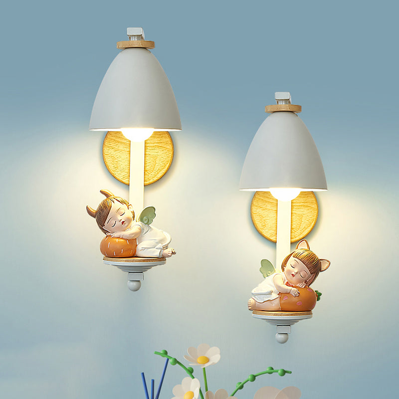 Metallic Cone Wall Lamp Nordic Style 1 Bulb White Wall Light Fixture with Figurine Decor for Kids Bedroom