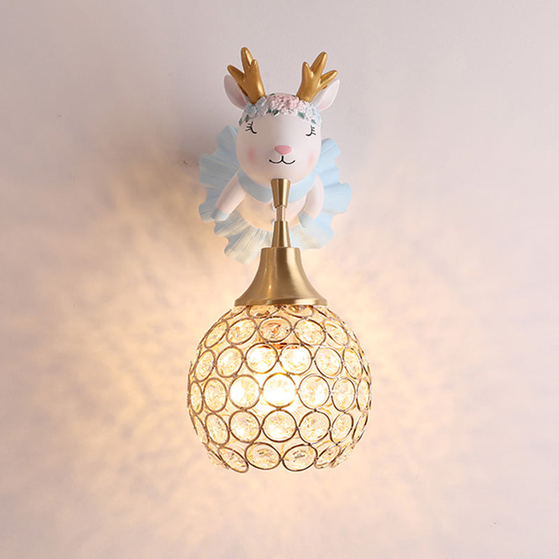 Hollowed out Ball Bedside Wall Mount Light Crystal 1 Head Artistic Wall Light Fixture with Animal Decor