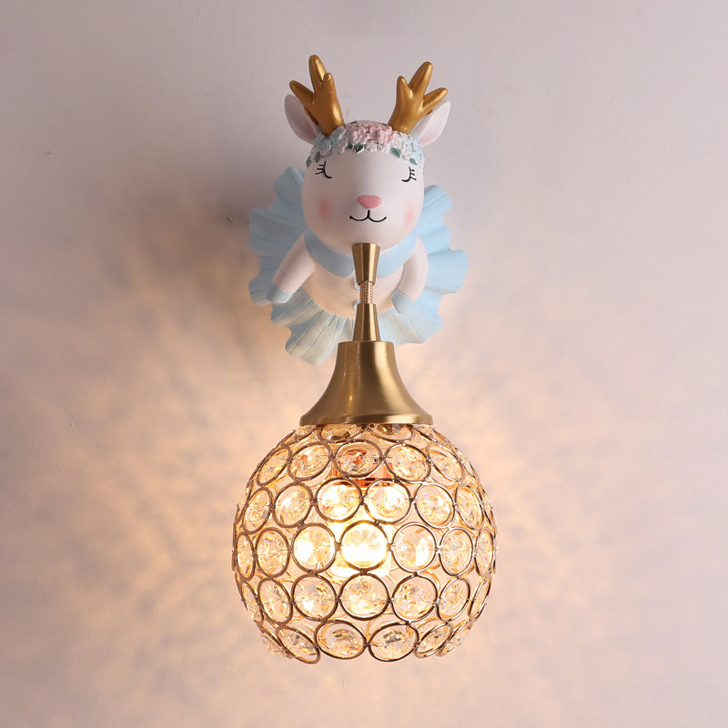 Hollowed out Ball Bedside Wall Mount Light Crystal 1 Head Artistic Wall Light Fixture with Animal Decor