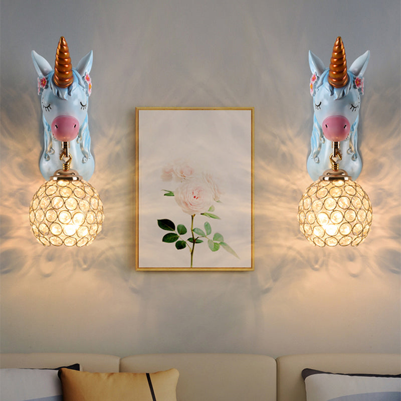 Cartoon Unicorn Wall Mount Light Resin Bedside Wall Lighting with Hollowed out Globe Shade