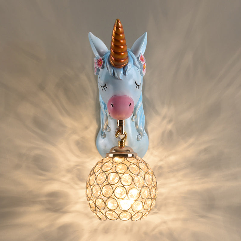 Cartoon Unicorn Wall Mount Light Resin Bedside Wall Lighting with Hollowed out Globe Shade