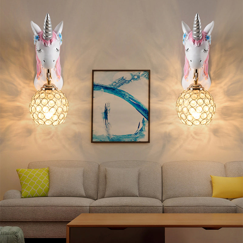 Cartoon Unicorn Wall Mount Light Resin Bedside Wall Lighting with Hollowed out Globe Shade