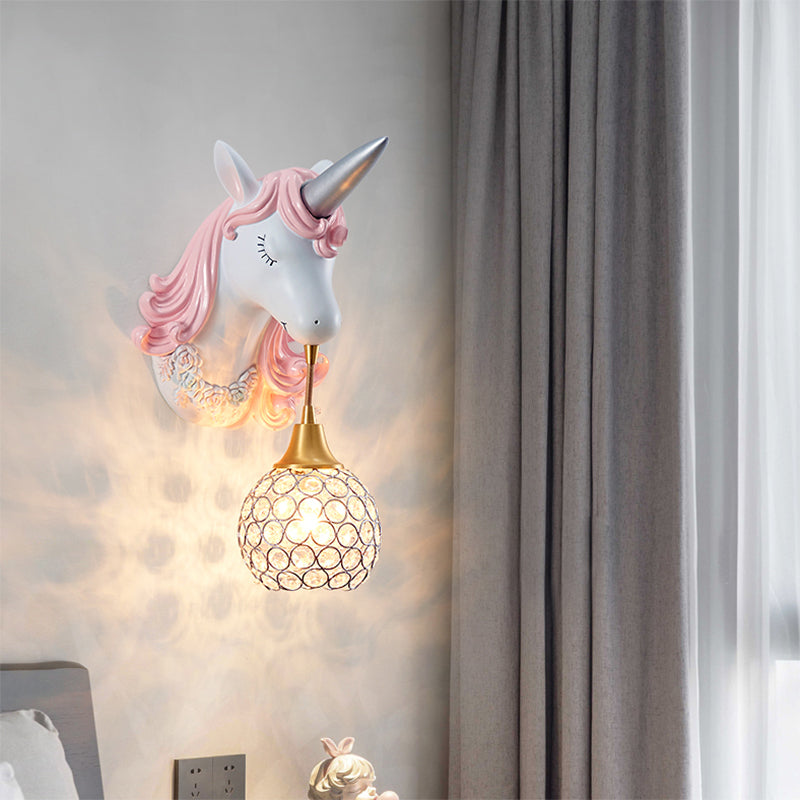 Hollowed out Wall Lamp Nordic Crystal Single Wall Light Fixture with Unicorn Decor