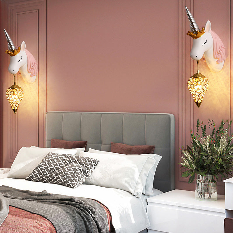 Resin Unicorn Wall Light Cartoon Single-Bulb Wall Lighting Fixture with Crystal Shade