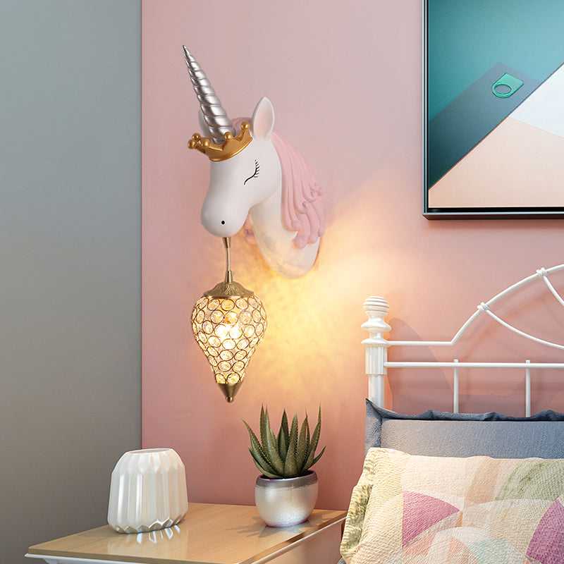Resin Unicorn Wall Light Cartoon Single-Bulb Wall Lighting Fixture with Crystal Shade