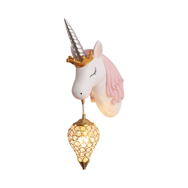 Resin Unicorn Wall Light Cartoon Single-Bulb Wall Lighting Fixture with Crystal Shade