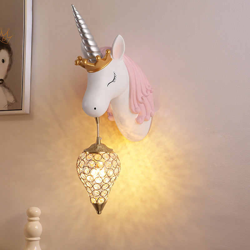Resin Unicorn Wall Light Cartoon Single-Bulb Wall Lighting Fixture with Crystal Shade