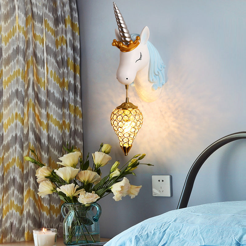 Resin Unicorn Wall Light Cartoon Single-Bulb Wall Lighting Fixture with Crystal Shade