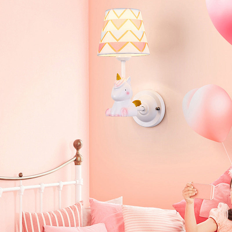 Animal Kids Bedside Wall Mount Light Resin Single Cartoon Wall Light Fixture with Empire Shade in Pink