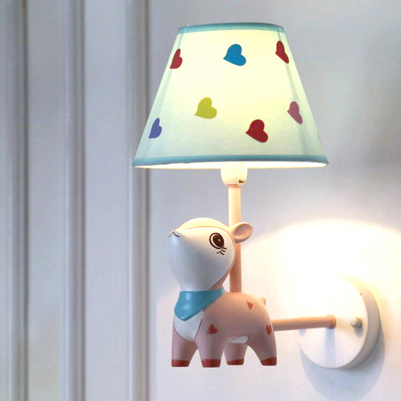 Kids Style Empire Shade Wall Light Fixture Fabric Single-Bulb Nursery Wall Mounted Lamp with Deer Decor in Pink