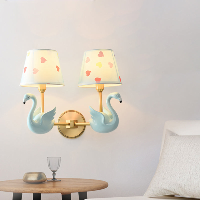 Empire Shade Bedside Wall Lamp Patterned Fabric Kids Wall Light Fixture with Resin Swan