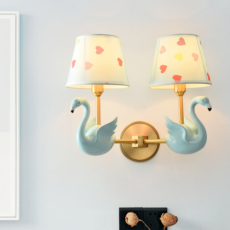 Empire Shade Bedside Wall Lamp Patterned Fabric Kids Wall Light Fixture with Resin Swan