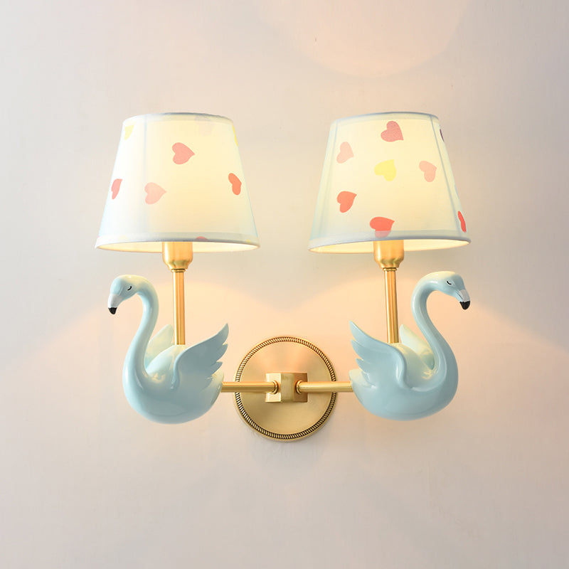 Empire Shade Bedside Wall Lamp Patterned Fabric Kids Wall Light Fixture with Resin Swan