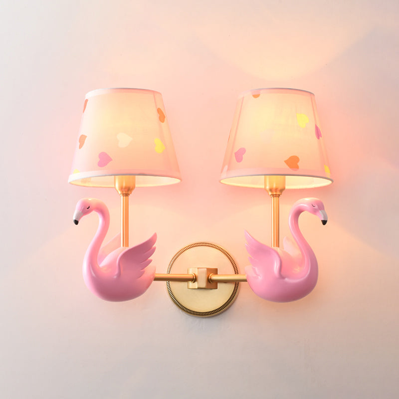 Empire Shade Bedside Wall Lamp Patterned Fabric Kids Wall Light Fixture with Resin Swan