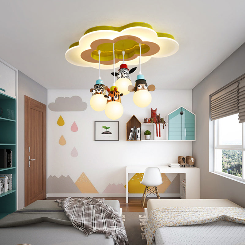 Lampada a soffitto a soffitto a testa animale metallica per bambini Bambini Sospensione bianca con baldacchino a forma di nuvola