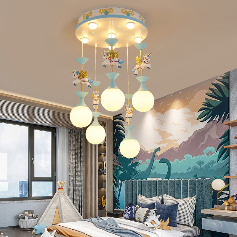 Cartoon Flying Unicorn Multi Light Pendant Resin Kindergarten Hanging Lighting with Sphere Cream Glass Shade