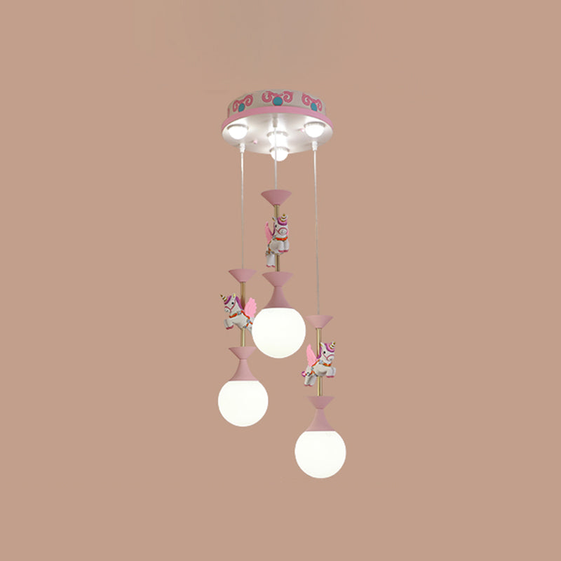 Cartoon Flying Unicorn Multi Light Pendant Resin Kindergarten Hanging Lighting with Sphere Cream Glass Shade