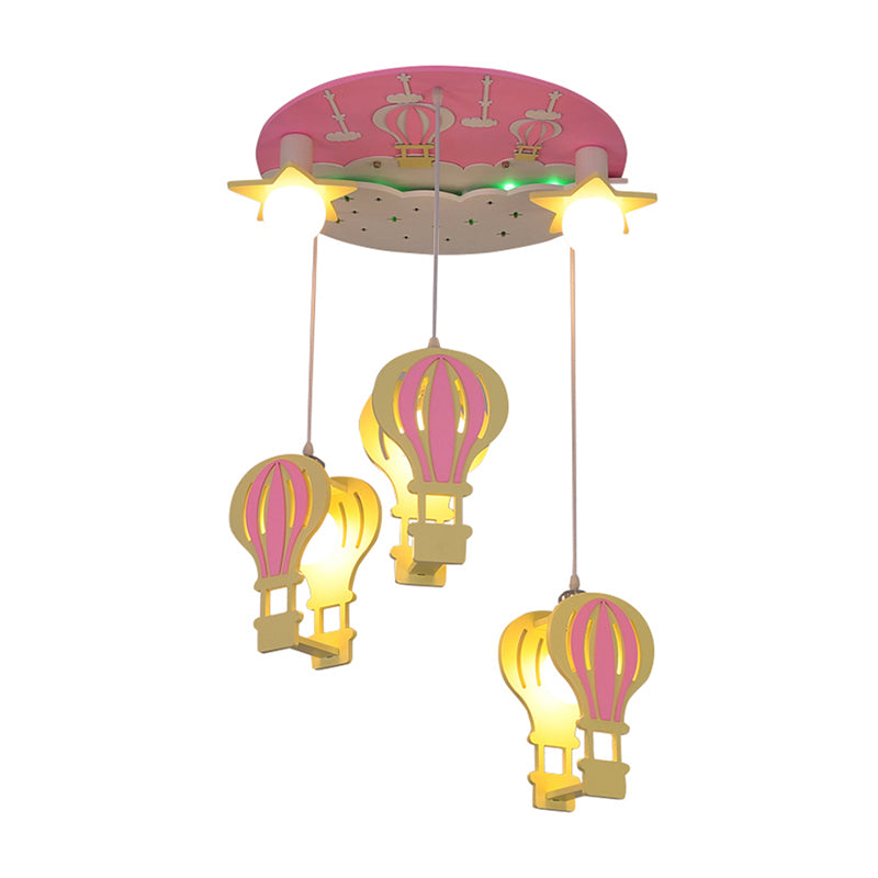 Wood Hot Air Balloon Hanging Pendant Light Kids 5 Bulbs Hanging Lighting for Bedroom