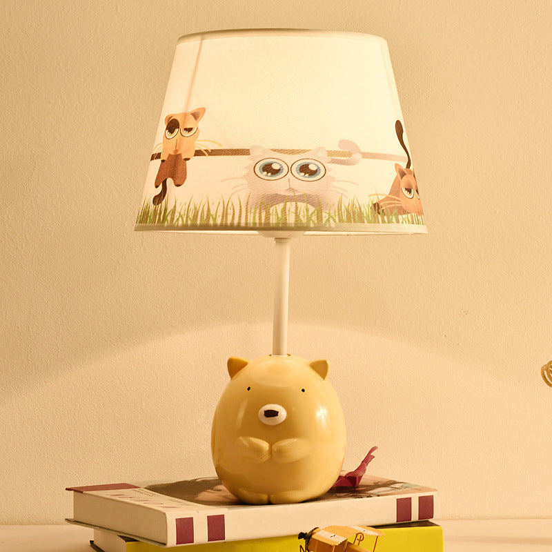 Bear Nightstand Lamp Kids Resin 1��Bulb Bedroom Table Lighting with Tapered Fabric Shade in Apricot