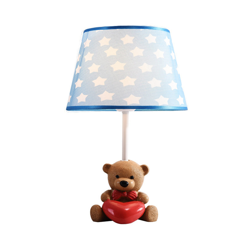 Fabric Empire Shade Table Lamp Cartoon 1 Head Brown Nightstand Light with Resin Bear and Heart