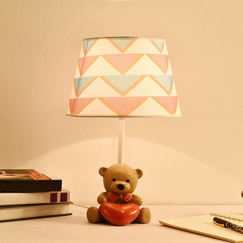 Fabric Empire Shade Table Lamp Cartoon 1 Head Brown Nightstand Light with Resin Bear and Heart