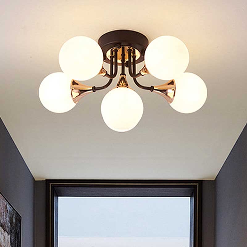6/10/13 Lights Corridor Semi Flush Chandelier Milk White Glass Shaded Sphere Ceiling Mounted Light in Black