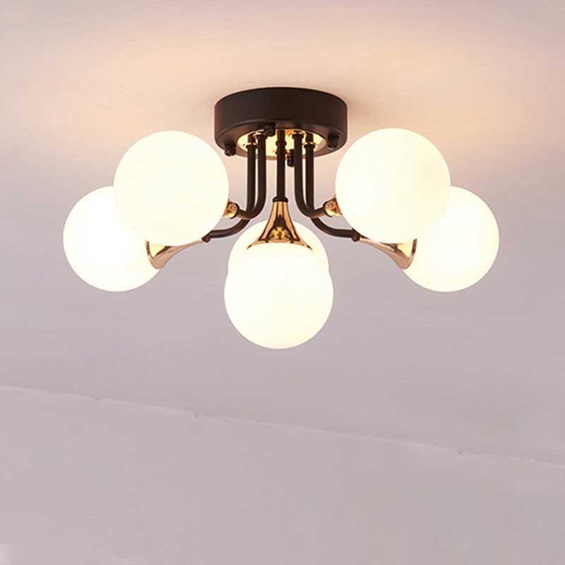 6/10/13 Lights Corridor Semi Flush Chandelier Milk White Glass Shaded Sphere Ceiling Mounted Light in Black