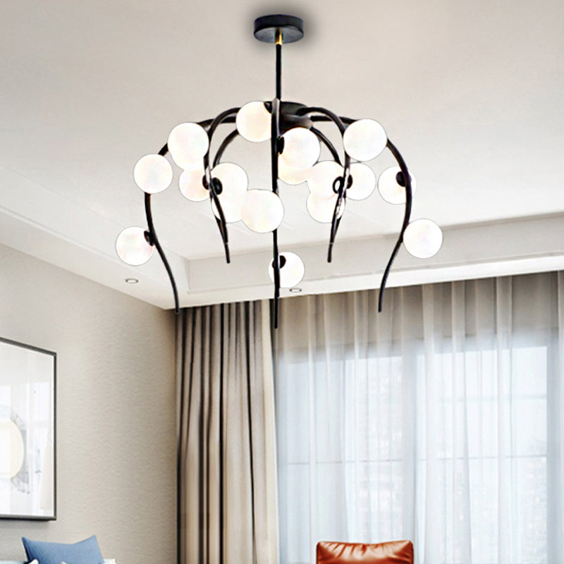 Branch Dining Room Chandelier Iron 15/20-Light Modern Hanging Lamp in Black/Gold with Matte White Balls