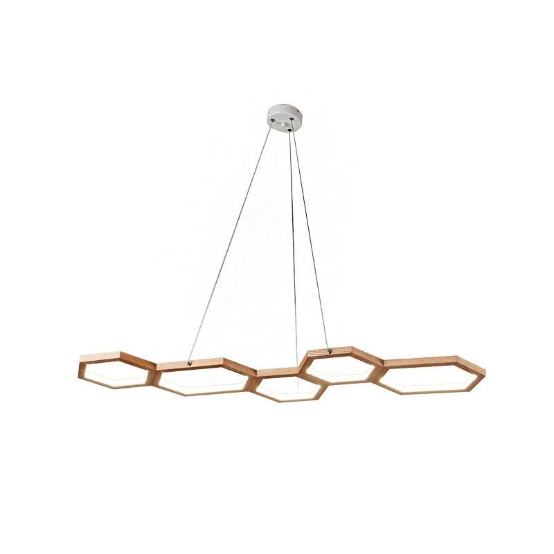 Hexagonale LED-Island Kronleuchter Einfachheit Acryl 5-Licht-Deckenleuchte in Naturholz