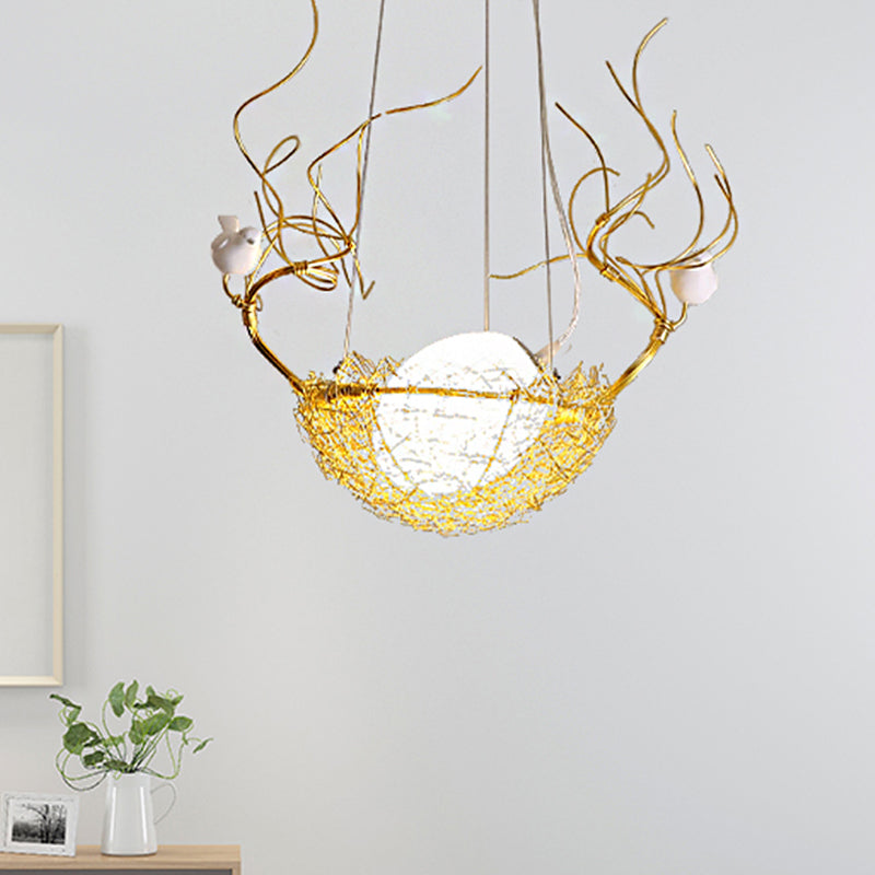 Egg Shaped Hanging Ceiling Pendant Art Deco Milk White Glass 1 Light Gold Chandelier with White Birds and Aluminum Bird Nest