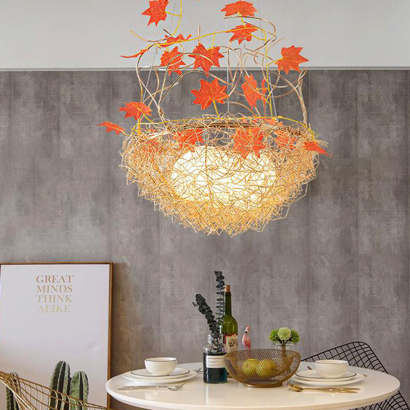 Egg-Like Chandelier Rustic 3 Lights Milk White Glass Hanging Ceiling Pendant with Gold Nest and Maple Leaves