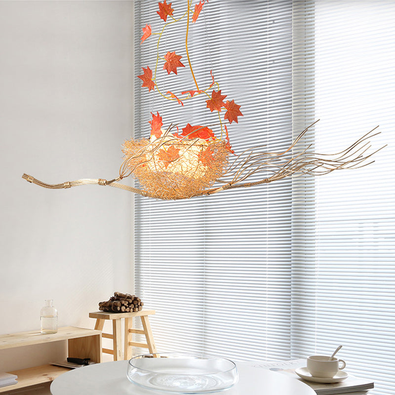 47" W White Glass Ball Chandelier Art Decorative 3-Light Hanging Light Fixture in Gold with Nest and Maple Leaves