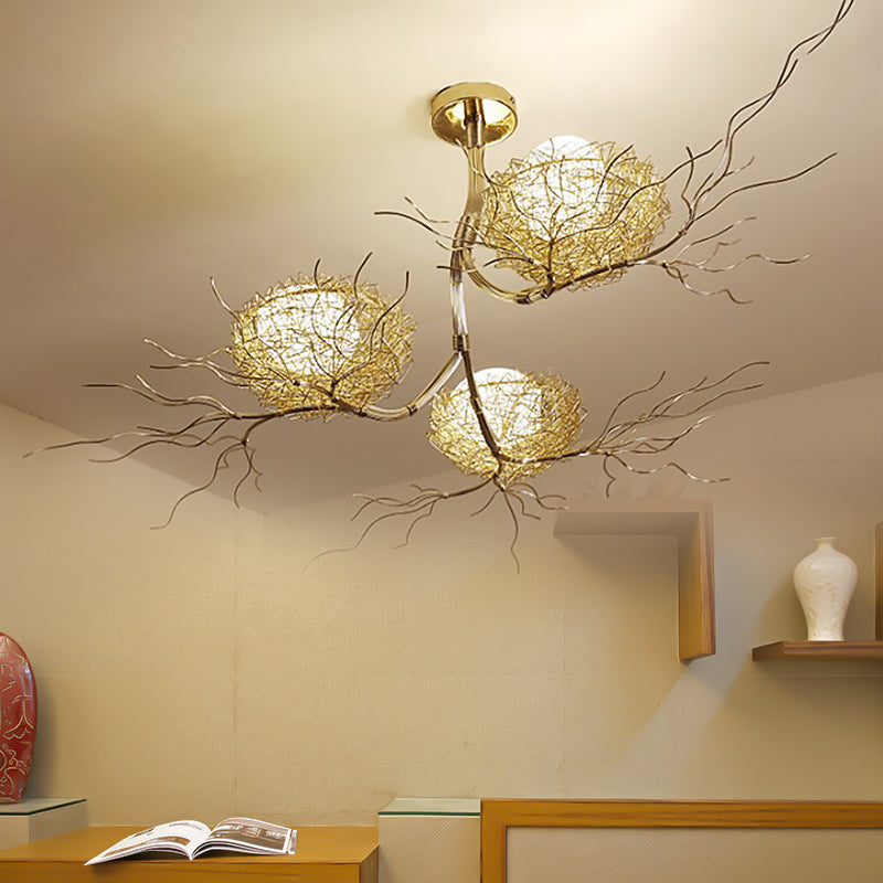 3 Lights Study Room Ceiling Chandelier Gold Hanging Lamp Kit with Egg White Glass Shade and Aluminum Bird Nest