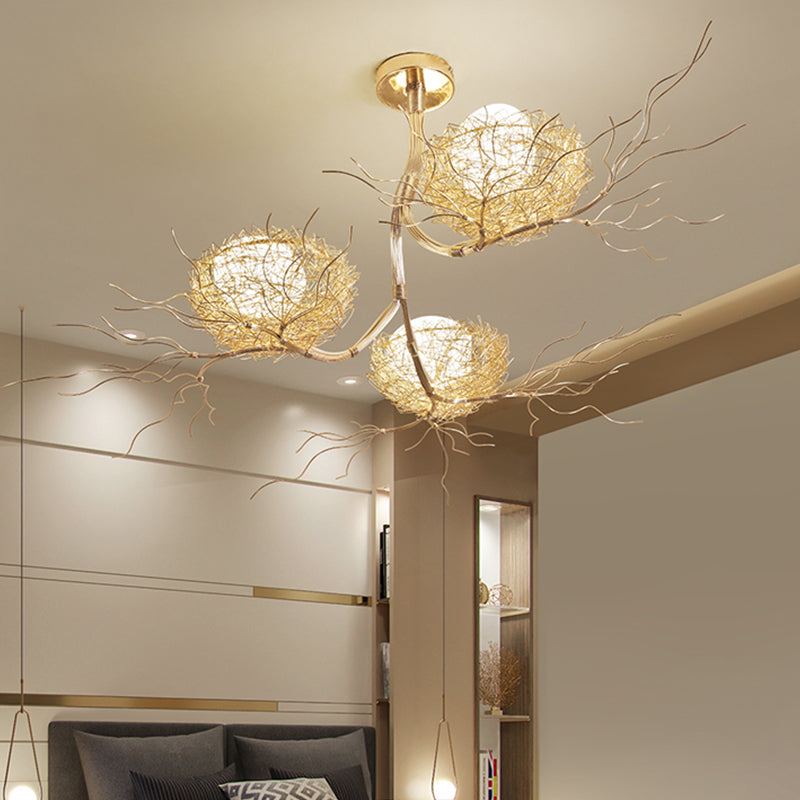 3 Lights Study Room Ceiling Chandelier Gold Hanging Lamp Kit with Egg White Glass Shade and Aluminum Bird Nest