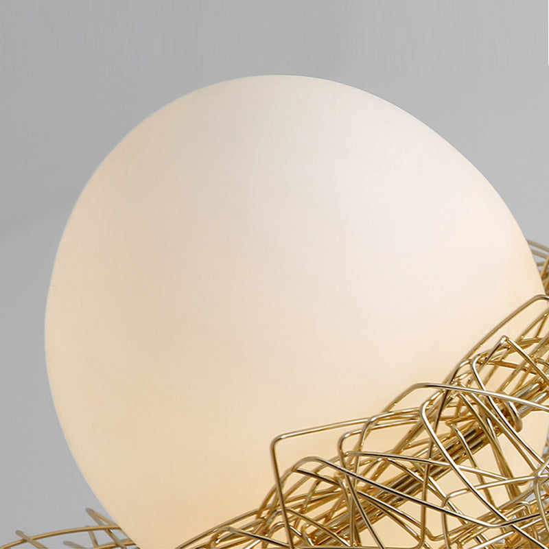 3 Lights Study Room Ceiling Chandelier Gold Hanging Lamp Kit with Egg White Glass Shade and Aluminum Bird Nest