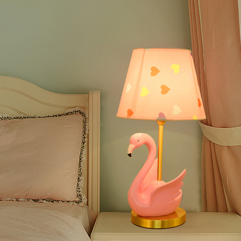 Bucket Shade Patterned Fabric Nightstand Lamp Kids Style Single Table Lighting with Decorative Swan