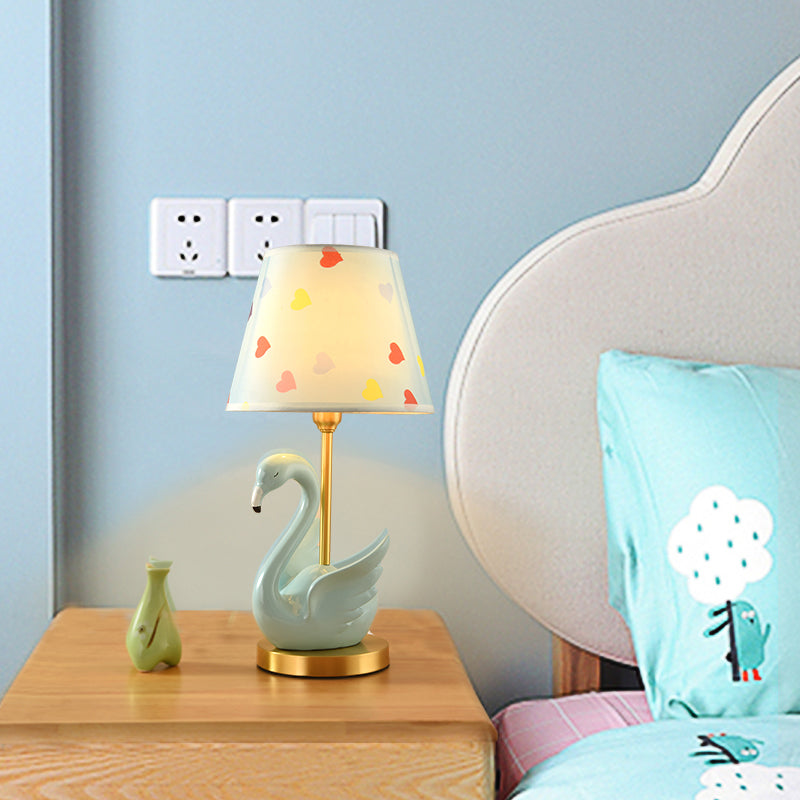 Bucket Shade Patterned Fabric Nightstand Lamp Kids Style Single Table Lighting with Decorative Swan
