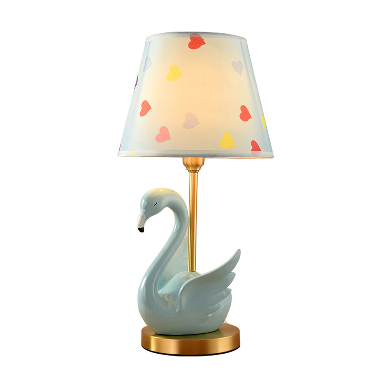Bucket Shade Patterned Fabric Nightstand Lamp Kids Style Single Table Lighting with Decorative Swan
