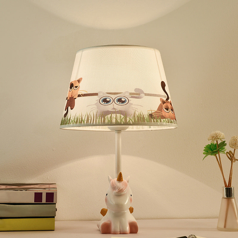 Pink Unicorn Table Lamp Cartoon 1 Head Resin Nightstand Light with Patterned Empire Shade